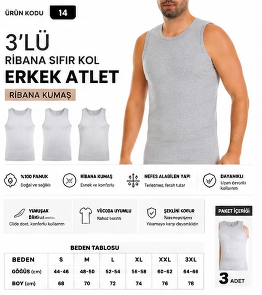 Yıldız Çamaşır Erkek Ribana Sıfır Kol Bisiklet Yaka %100 Pamuk Fanila Atlet (10-11-14) - 3 Adet  Gri S ürün görseli 1
