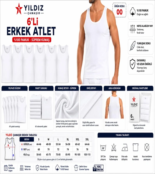 Yıldız Çamaşır Erkek Süprem Askılı Atlet (00-135-136) - 6 Adet  Beyaz M ürün görseli 1