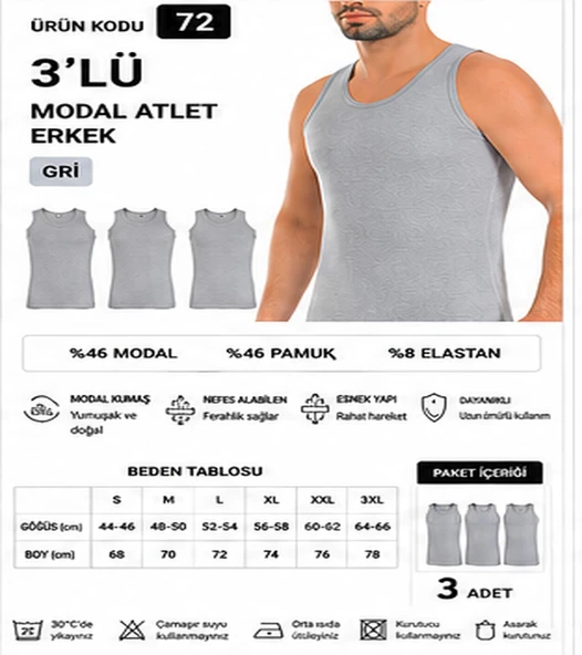 Yıldız Çamaşır Erkek Modal Likralı Askılı Atlet (70-71-72-73-74) - 3 Adet  L Gri ürün görseli 1