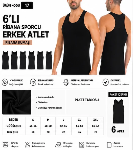 Yıldız Çamaşır Erkek Ribana Sporcu %100 Pamuk Atlet (15-17-19) - 6 Adet  Siyah S ürün görseli 1