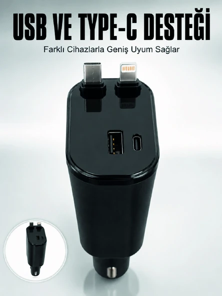 Araç Çakmaklık Şarj Cihazı 120W Type-C & Lightning Kablolu Çoklu Hızlı Şarj İstasyonu ürün görseli 1