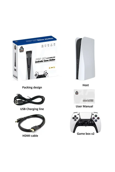 Beyaz 4K UHD retro joystickli çift kişilik oyun konsolu 128GB PS1 PES GTA destekli ürün görseli 1