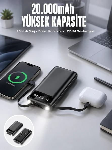 Powerbank 20.000 Mah Dijital Göstergeli LCD Ekran Uzun Pil Ömrü Yeni Nesil ürün görseli 1
