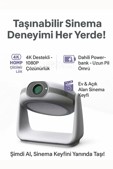 Taşınabilir 4K Destekli 1080P Projeksiyon Cihazı, Bataryalı ve Android İşletim Sistemli ürün görseli 1