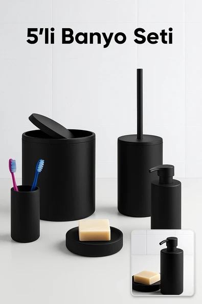 5 Parça Siyah Banyo Seti Yuvarlak Çöp Kovası Tuvalet Fırçası Sabunluk Fırçalık Modern ürün görseli 1