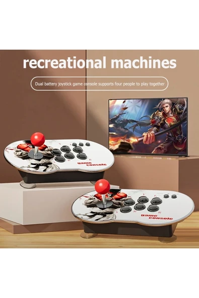 Çift kişilik retro joystickli beyaz oyun konsolu, 4K HD görüntü, oyun, bluetooth yok ürün görseli 1