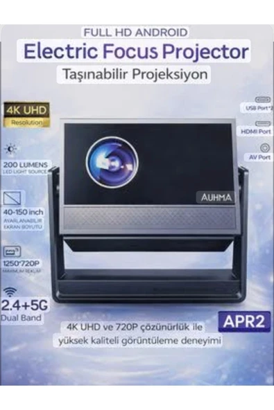 4K lazer projeksiyon cihazı 1280x720 çözünürlük 3000:1 kontrast Wi-Fi USB HDMI metalik ürün görseli 1