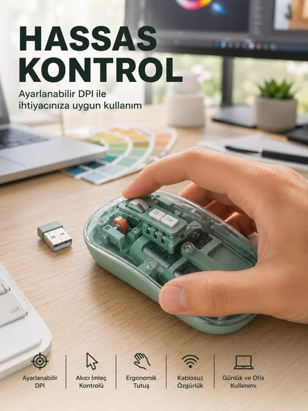 Şeffaf Tasarımlı Bluetooth Kablosuz Mouse Pilli Kullanım Yeni Nesil ürün görseli 1