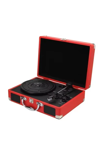 Kırmızı taşınabilir çantalı retro bluetooth hoparlörlü pikap radyo usb mp3 plak çalar ürün görseli 1