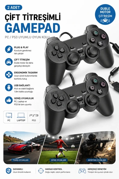 Siyah kablolu çift motorlu titreşimli joystick PC uyumlu USB bağlantılı 1 yıl garantili ürün görseli 1