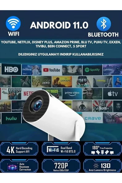 LED FULL HD projeksiyon cihazı 1920x1080 çözünürlük Bluetooth Android beyaz USB HDMI ürün görseli 1