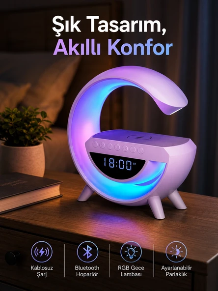 Bluetooth Hoparlör 15W Kablosuz Hızlı Şarj LED Gece Lambası ürün görseli 1