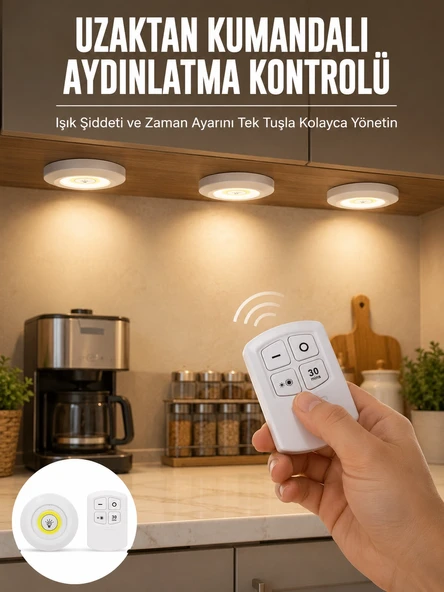Spot Lamba Led Işık 3'lü Uzaktan Kumandalı Pilli Yapışkanlı Kablosuz Yeni Nesil ürün görseli 1