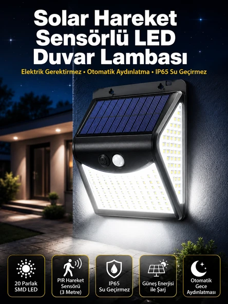 Güneş Enerjili Sensörlü Duvar Lambası Bahçe Lamba Suya Dayanıklı Bahçe Aydınlatma ürün görseli 1