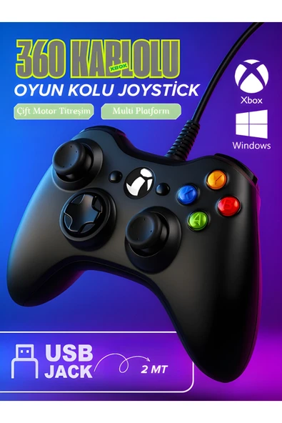 Kablolu joystick siyah Xbox 360 uyumlu hızlı şarj destekli bluetoothsuz garantisiz ürün görseli 1