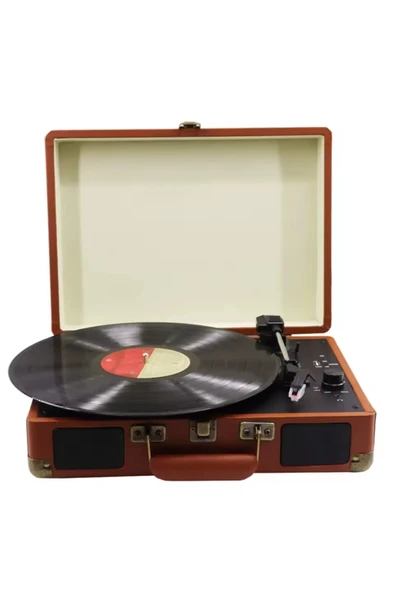 Taşınabilir çantalı retro bluetooth hoparlörlü pikap radyo usb mp3 33/45/78 plak çalar kahverengi ürün görseli 1