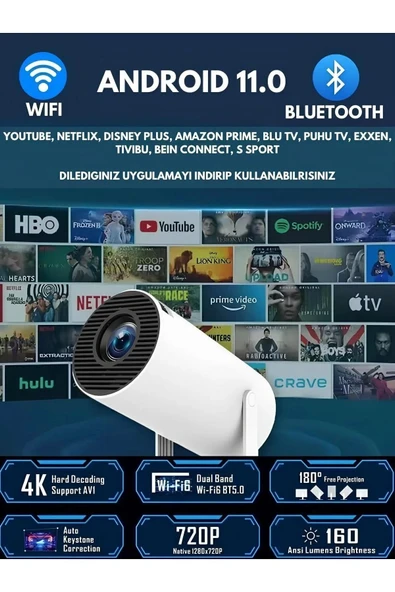 LED projeksiyon cihazı 4K çözünürlük 100000:1 kontrast Bluetooth Android 11 WiFi beyaz ürün görseli 1