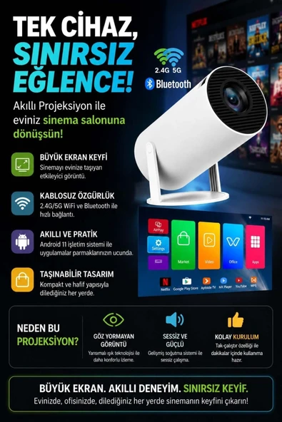 Taşınabilir sinema projektörü Bluetooth Android 11 akıllı projeksiyon wifi beyaz ürün görseli 1