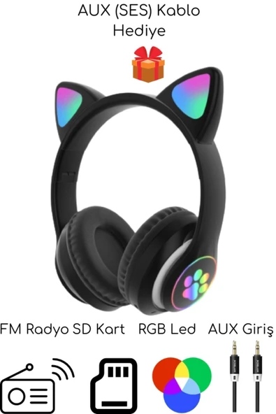 Kulak üstü Bluetooth 5.0 gri kedili kulaklık mikrofonlu FM radyo SD kart AUX RGB ışıklı ürün görseli 1