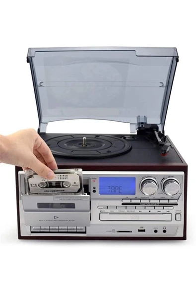 Kahverengi bluetooth kumandalı CD, kaset, USB, radyo ve 33-45-78 devir plak çalar ürün görseli 1