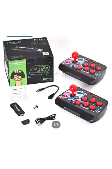 Kablosuz çift joystickli retro video oyun makinesi Bluetooth özellikli kırmızı renkli ürün görseli 1