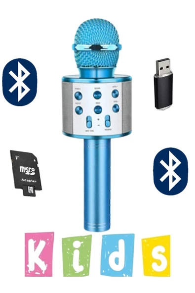Bluetooth bağlantılı mavi çocuk mikrofonu dahili hoparlör usb tf kart destekli ses efektli ürün görseli 1