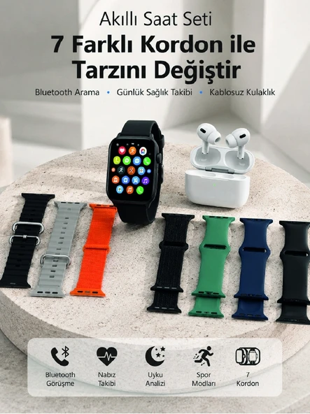 Bluetooth Görüşme Destekli Akıllı Saat Seti Kablosuz Kulaklık, 7 Kordon ve Çoklu Spor Modu ürün görseli 1