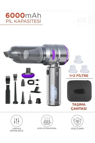 Siyah kablosuz araç içi süpürge 0-250 watt 81-90 dBA 2 yıl garantili şarjlı model ürün görseli 1