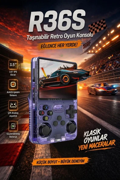 Mor taşınabilir retro oyun konsolu 64 GB hafıza 15.000+ yüklü oyun bluetooth yok ürün görseli 1