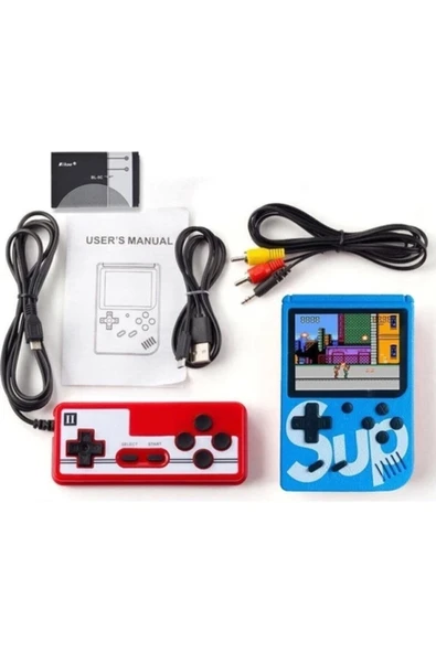 Mini oyun konsolu çift kollu mavi renk nostalji oyunlarıyla Bluetooth desteği olmadan ürün görseli 1