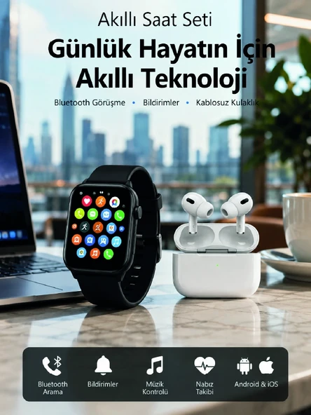 Bluetooth Arama Özellikli Akıllı Saat Seti Kablosuz Kulaklık Hediyeli, Android & iOS Uyumlu ürün görseli 1