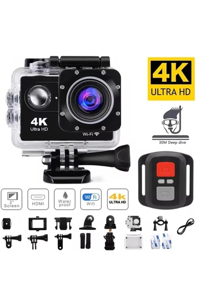 4K çözünürlüklü su geçirmez aksiyon kamerası kumandalı siyah wireless fotoğraf çekimi ürün görseli 1