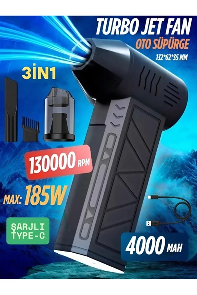 Şarjlı araç kurutma cihazı siyah 0-1 saat kullanım 13000 PA vakum gücü 1 yıl garantili ürün görseli 1