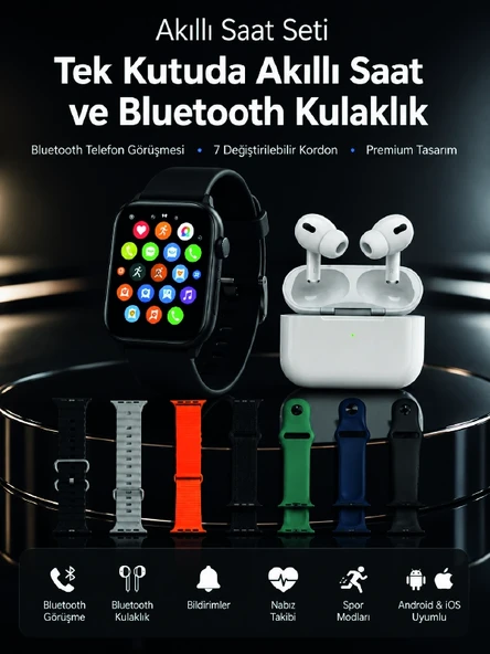 7 Kordonlu Akıllı Saat ve Bluetooth Kulaklık Seti Nabız Takibi, Bildirimler ve Spor Modları ürün görseli 1
