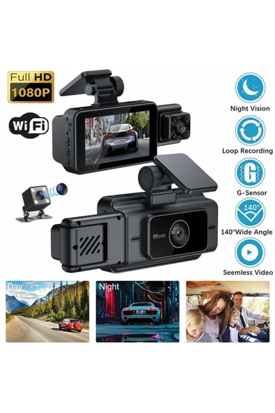 1080P çözünürlüklü gece görüşlü 3 kameralı araç içi video kayıt ve park monitörü ürün görseli 1
