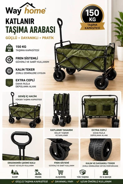 Way Home Katlanır Portatif Taşıma Aracı (YEŞİL) RZN028 Kamp, Piknik, Plaj, Pazar, FREN SİSTEMLİ KALIN TEKER ürün görseli 1