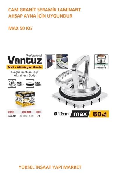 SGS954 Profesyonel Tekli Alüminyum Seramik Cam Vantuzu Max 50 Kg ürün görseli 1