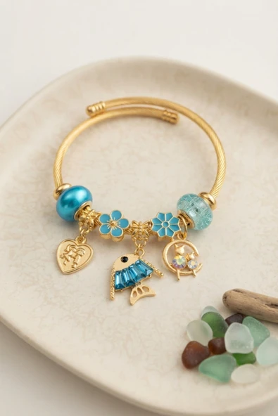 Balık Charmlı Mavi Renk Gold Bileklik - EBJ260725W44496 ürün görseli 1