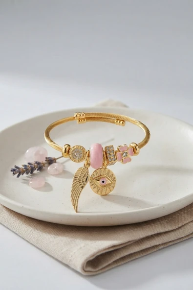 Pembe Göz Model Gold Renk Charmlı Bileklik - EBJ260725W44466 ürün görseli 1