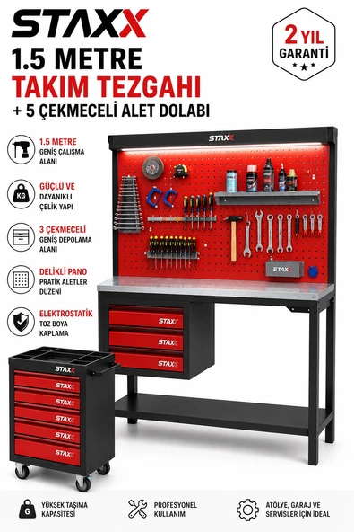 1.5 Metre 3 Çekmeceli Takım Tezgahı + 5 Çekmeceli Mobil Alet Dolabı Seti | Galvaniz Tabla Işıklı ürün görseli 1