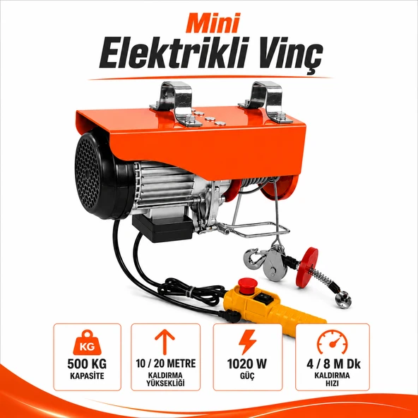 Mini Elektrikli Vinç Caraskal 250/500 Kg 1020 Watt 20 Metre Çelik Halatlı Yük Kaldırma Makinesi ürün görseli 1