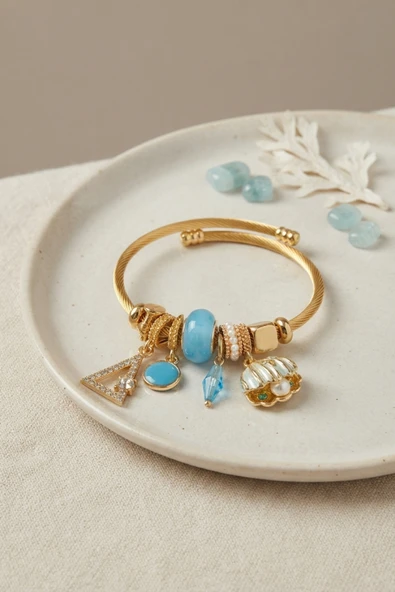 Mavi Deniz Kabuğu Model Gold Renk Charmlı Bileklik - EBJ260725W44462 ürün görseli 1