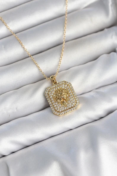 316L Çelik Zincir Gold Aslan Madalyon Model Zirkon Taşlı Kadın Kolye ürün görseli 1