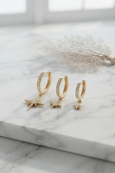 Gold Renk Kutup Yıldız Model 3 lü Küpe Seti - EBJ260725W44394 ürün görseli 1