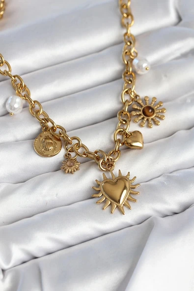 316L Çelik Gold Renk Charmlı Model Kadın Kolye ürün görseli 1