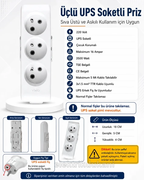 VİKO Multilet BEYAZ Üçlü UPS Grup Priz Topraklı Klemensli (3lü Kablosuz) ürün görseli 1