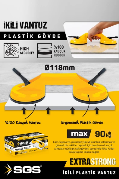 SGS945 90 Kg Çiftli Vantuz Cam Granit Seramik Laminat Ahşap Ayna Taşıma Vantuzu ürün görseli 1