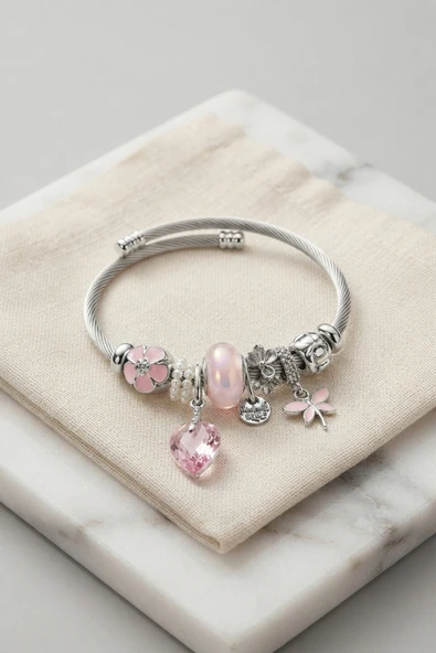 Pembe Kristal Kalp Charmlı Gümüş Renk Bileklik - EBJ260725W44555 ürün görseli 1