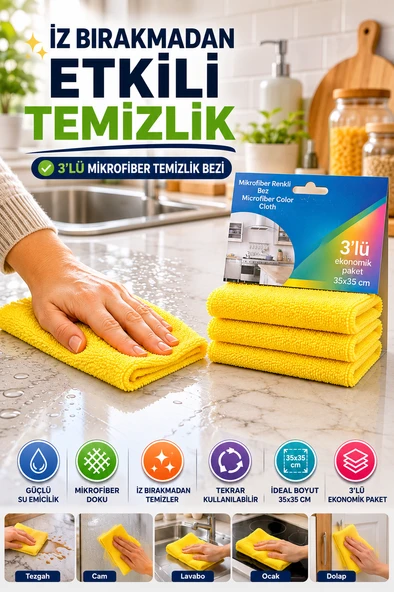 Sarı 3'lü Mikrofiber Temizlik Bezi 35x35 cm Çok Amaçlı Mutfak Cam Banyo Silme ve Kurulama Bezi ürün görseli 1