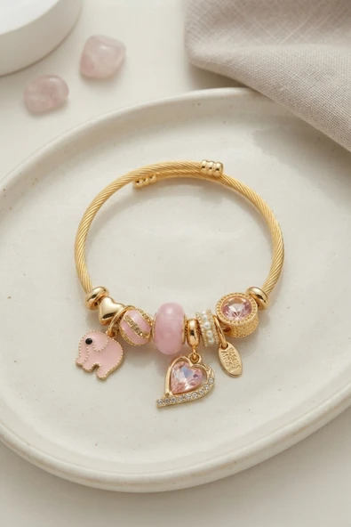 Kalp ve Fil Model Pembe Charmlı Bileklik - EBJ260725W44538 ürün görseli 1